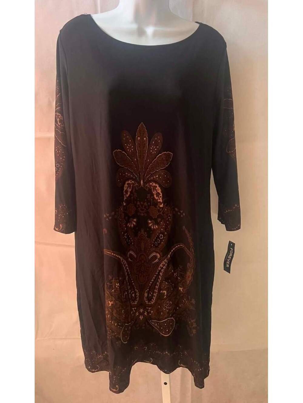 Forever Woman L Black Brown Paisley 3/4 Sleeve Stretch Shift Dress